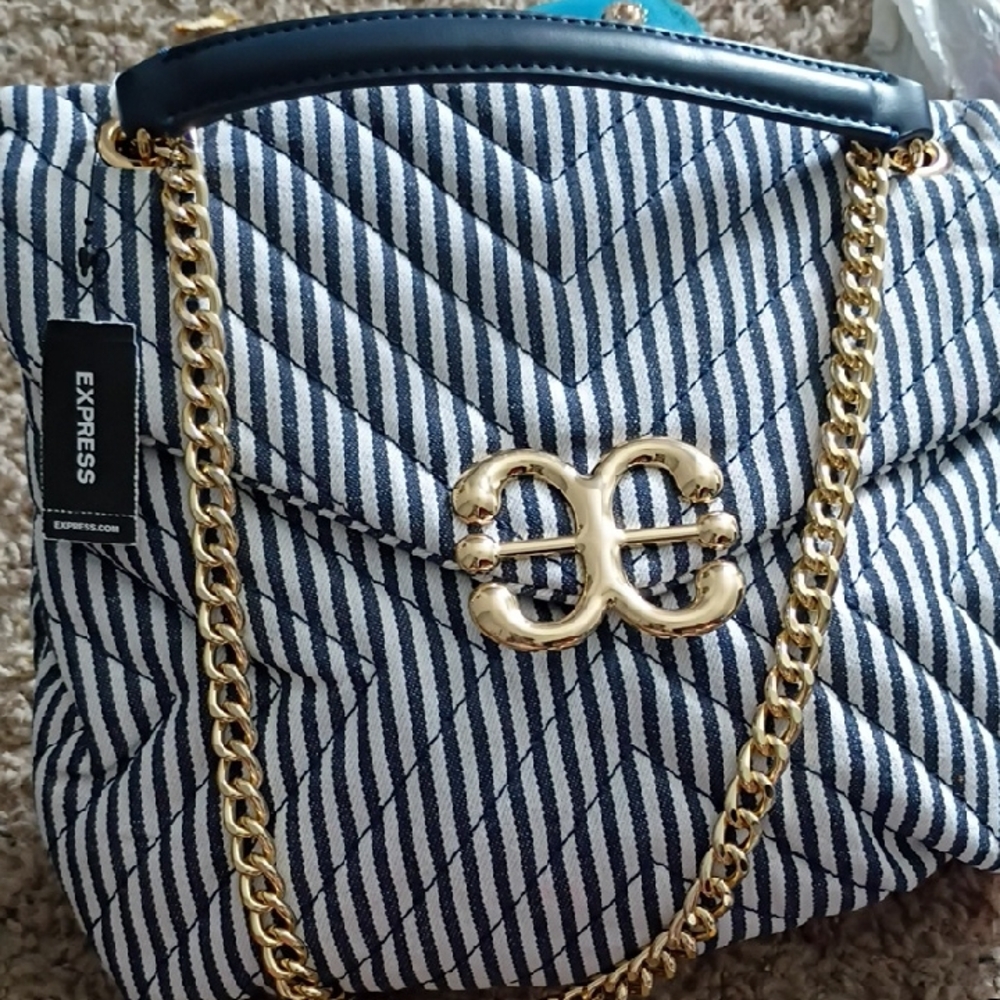 Express Navy and White Striped Shoulder Bag with Gold Chain